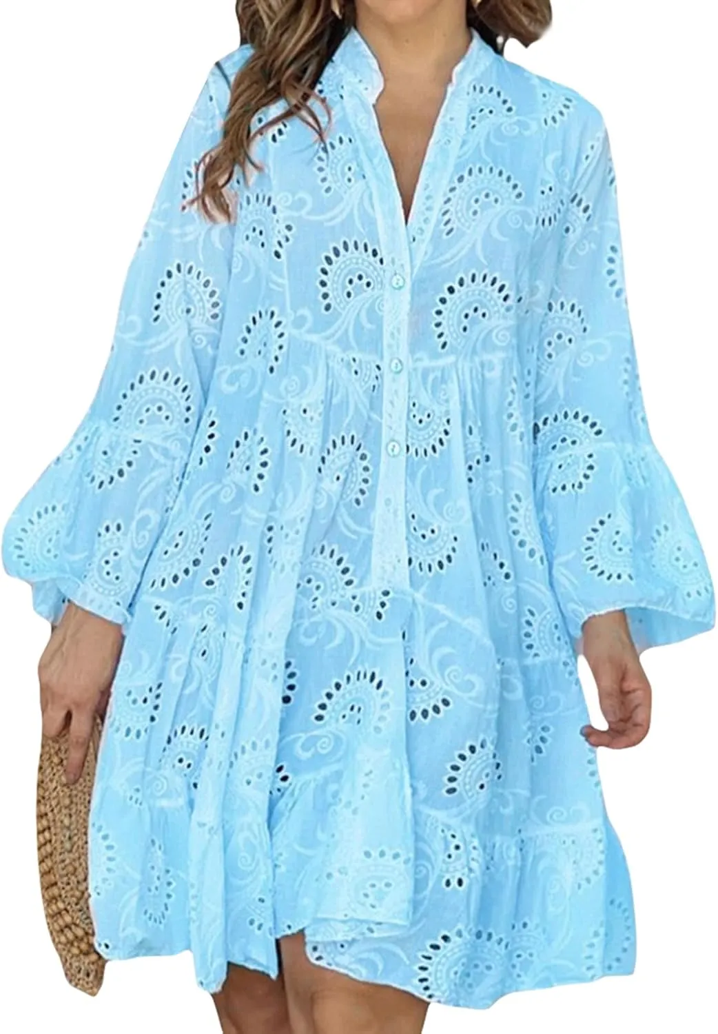 Womens Ruffles Boho Dress Floral Eyelet Embroidery Lace Babydoll Loose Swing Long Sleeve Button Short Mini Dress