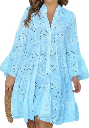 Womens Ruffles Boho Dress Floral Eyelet Embroidery Lace Babydoll Loose Swing Long Sleeve Button Short Mini Dress