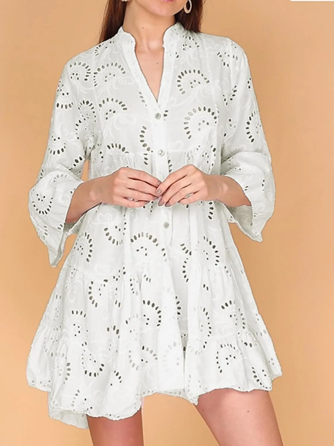 Womens Ruffles Boho Dress Floral Eyelet Embroidery Lace Babydoll Loose Swing Long Sleeve Button Short Mini Dress