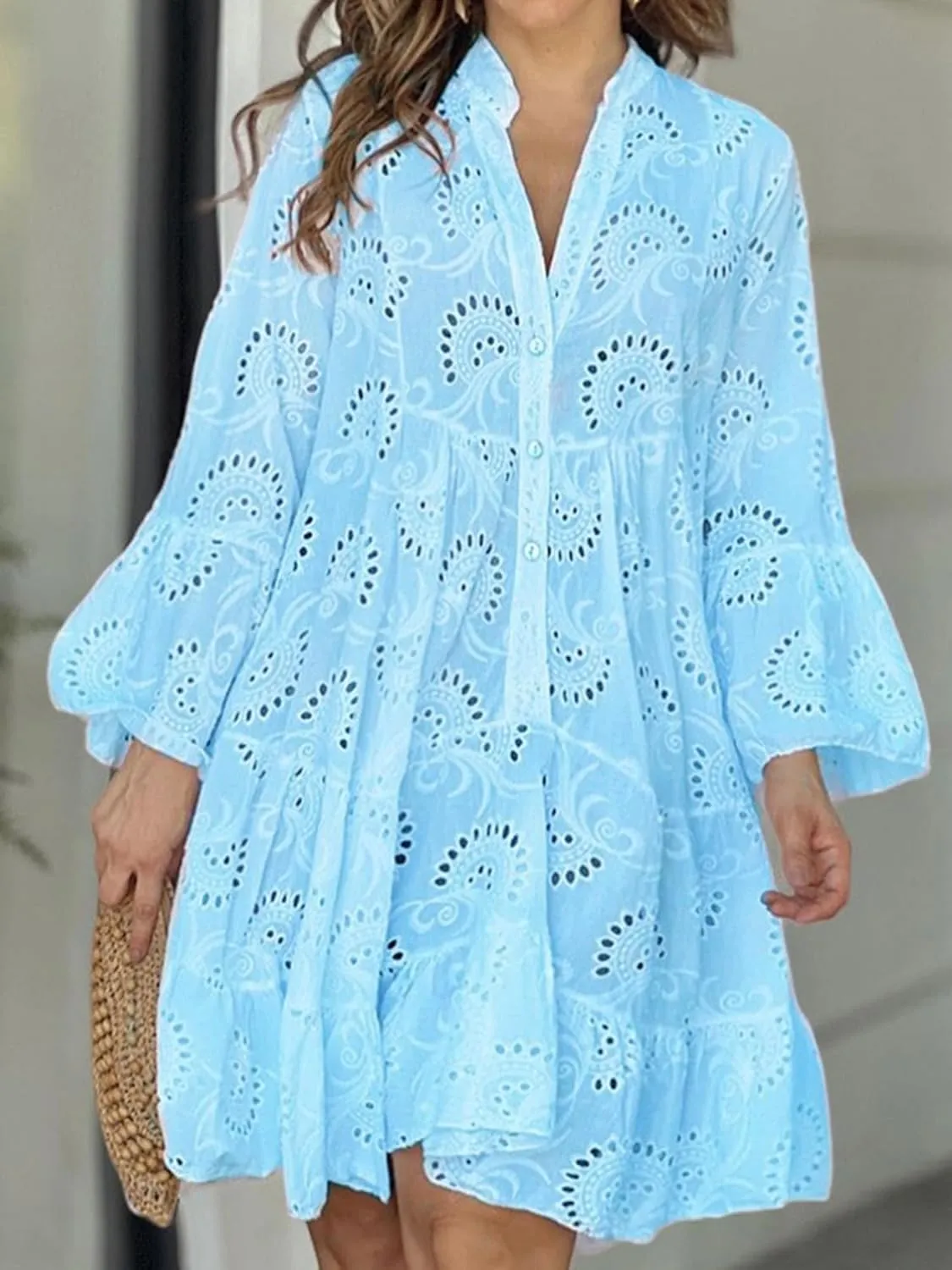 Womens Ruffles Boho Dress Floral Eyelet Embroidery Lace Babydoll Loose Swing Long Sleeve Button Short Mini Dress