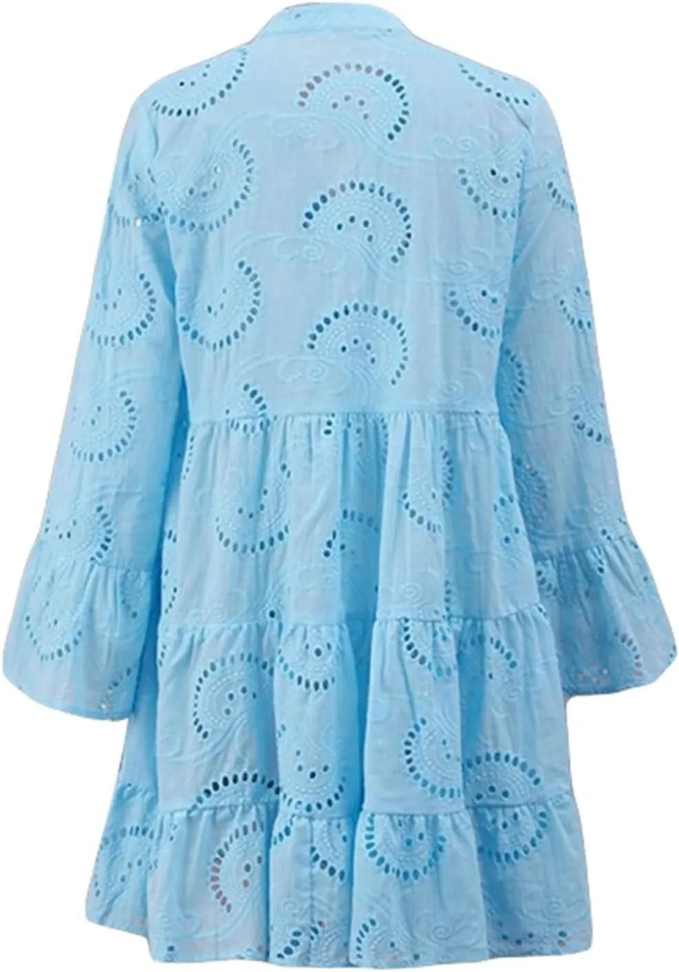 Womens Ruffles Boho Dress Floral Eyelet Embroidery Lace Babydoll Loose Swing Long Sleeve Button Short Mini Dress