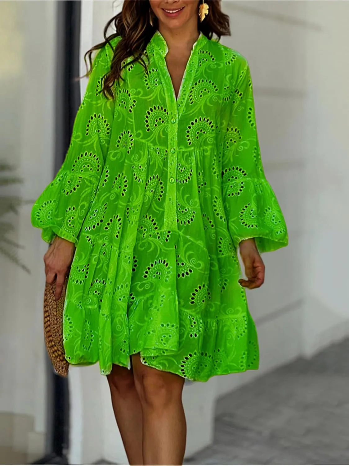 Womens Ruffles Boho Dress Floral Eyelet Embroidery Lace Babydoll Loose Swing Long Sleeve Button Short Mini Dress