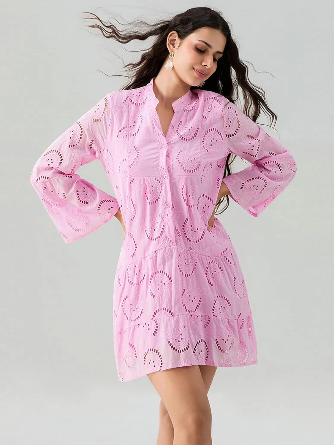 Womens Ruffles Boho Dress Floral Eyelet Embroidery Lace Babydoll Loose Swing Long Sleeve Button Short Mini Dress
