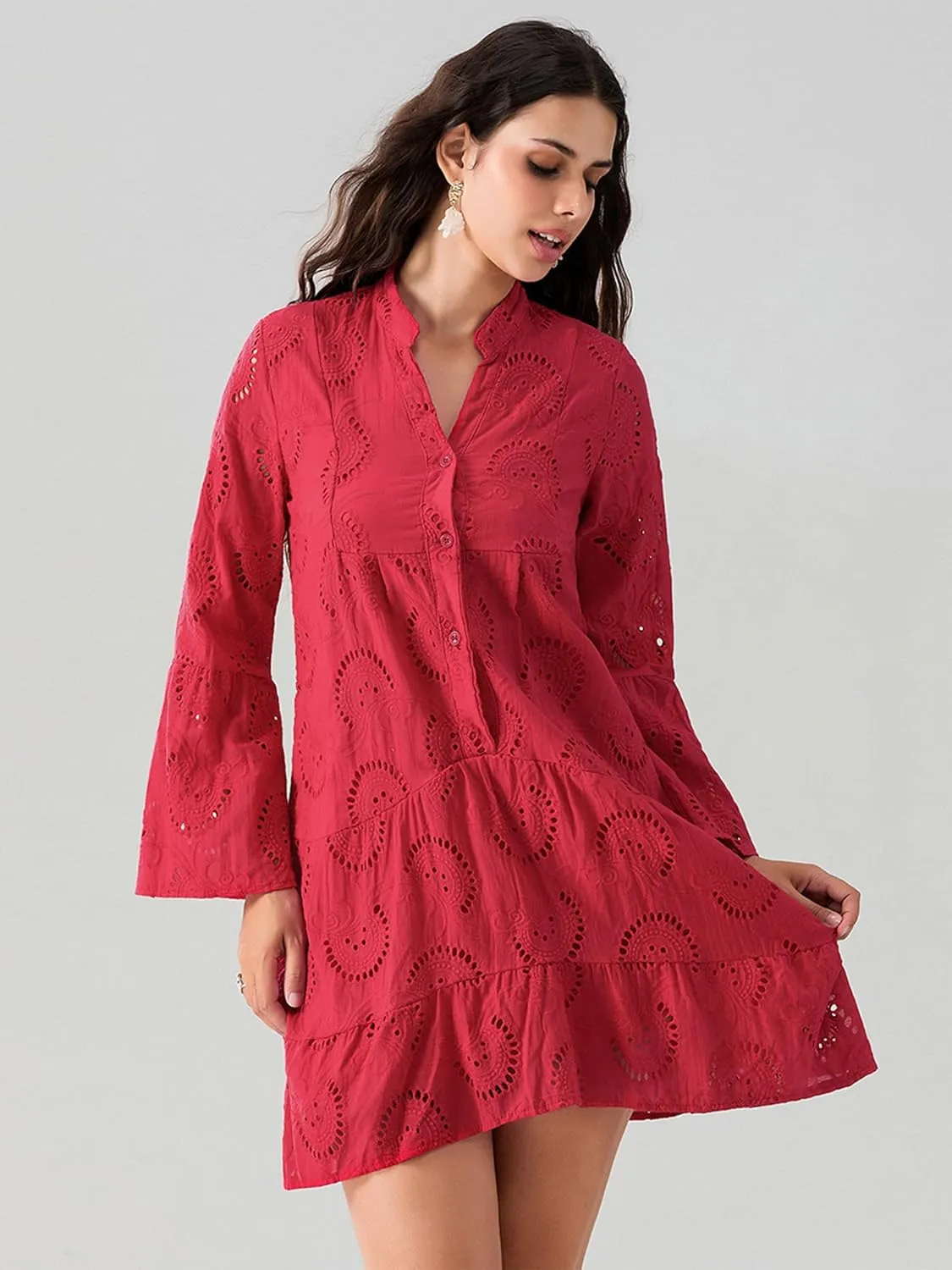 Womens Ruffles Boho Dress Floral Eyelet Embroidery Lace Babydoll Loose Swing Long Sleeve Button Short Mini Dress