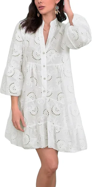 Womens Ruffles Boho Dress Floral Eyelet Embroidery Lace Babydoll Loose Swing Long Sleeve Button Short Mini Dress