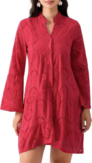 Womens Ruffles Boho Dress Floral Eyelet Embroidery Lace Babydoll Loose Swing Long Sleeve Button Short Mini Dress