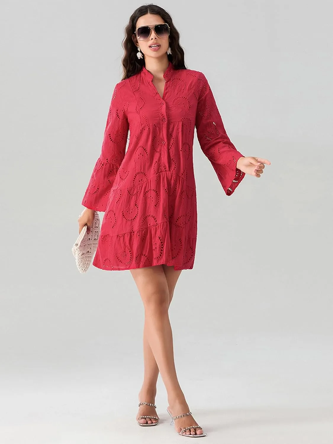 Womens Ruffles Boho Dress Floral Eyelet Embroidery Lace Babydoll Loose Swing Long Sleeve Button Short Mini Dress