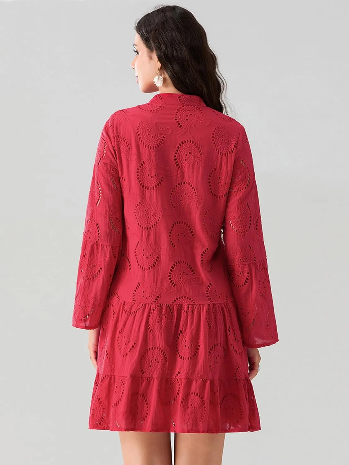 Womens Ruffles Boho Dress Floral Eyelet Embroidery Lace Babydoll Loose Swing Long Sleeve Button Short Mini Dress
