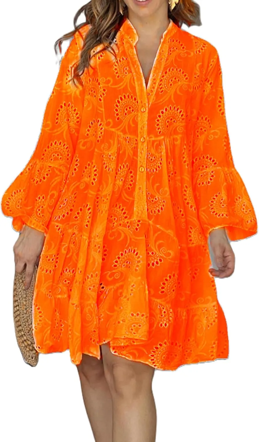 Womens Ruffles Boho Dress Floral Eyelet Embroidery Lace Babydoll Loose Swing Long Sleeve Button Short Mini Dress