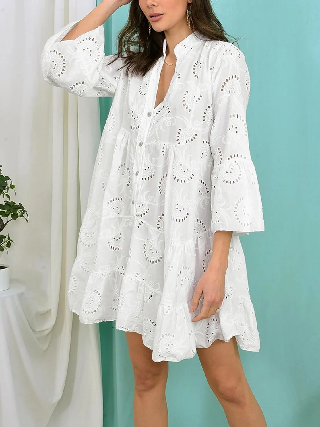 Womens Ruffles Boho Dress Floral Eyelet Embroidery Lace Babydoll Loose Swing Long Sleeve Button Short Mini Dress
