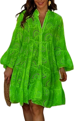 Womens Ruffles Boho Dress Floral Eyelet Embroidery Lace Babydoll Loose Swing Long Sleeve Button Short Mini Dress