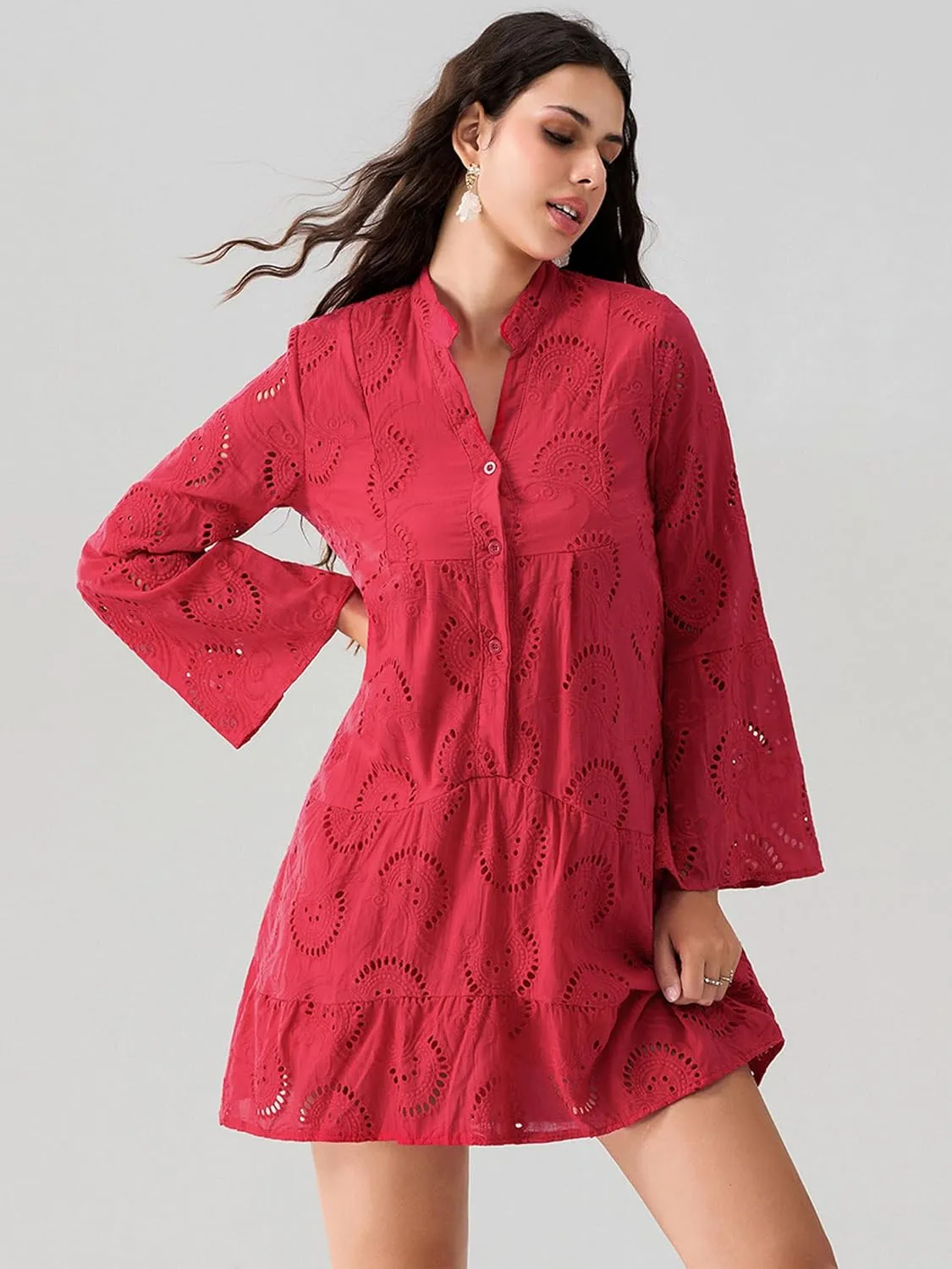 Womens Ruffles Boho Dress Floral Eyelet Embroidery Lace Babydoll Loose Swing Long Sleeve Button Short Mini Dress