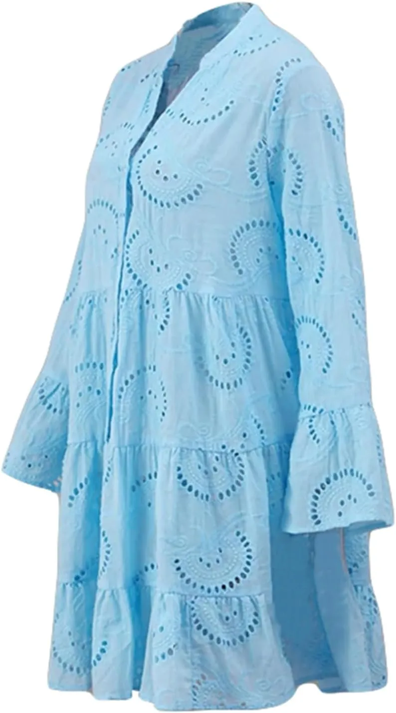 Womens Ruffles Boho Dress Floral Eyelet Embroidery Lace Babydoll Loose Swing Long Sleeve Button Short Mini Dress
