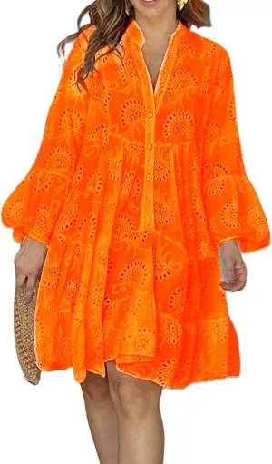 Womens Ruffles Boho Dress Floral Eyelet Embroidery Lace Babydoll Loose Swing Long Sleeve Button Short Mini Dress