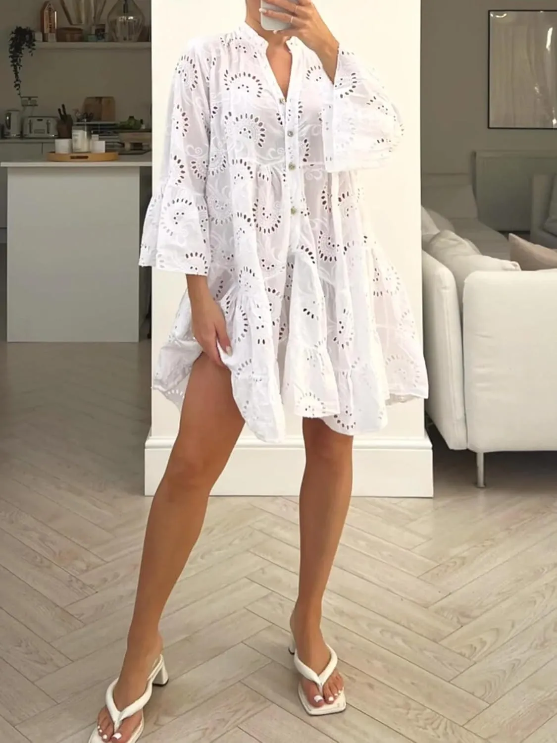 Womens Ruffles Boho Dress Floral Eyelet Embroidery Lace Babydoll Loose Swing Long Sleeve Button Short Mini Dress