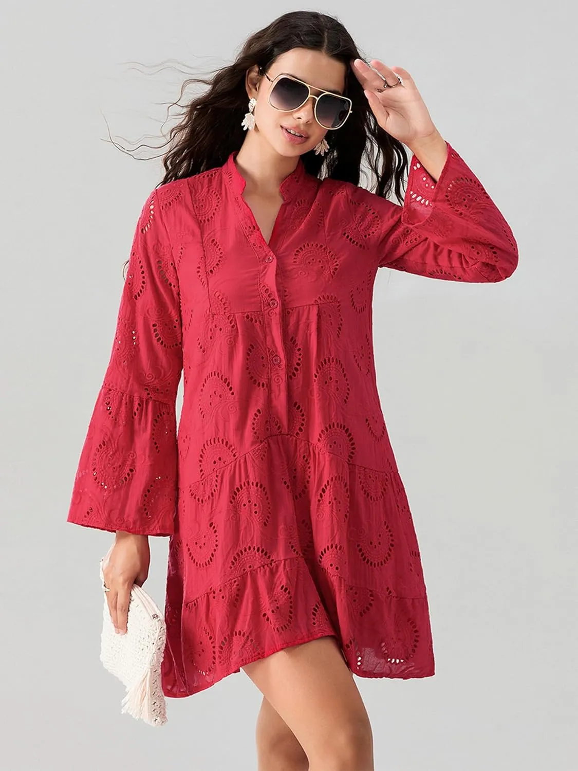 Womens Ruffles Boho Dress Floral Eyelet Embroidery Lace Babydoll Loose Swing Long Sleeve Button Short Mini Dress