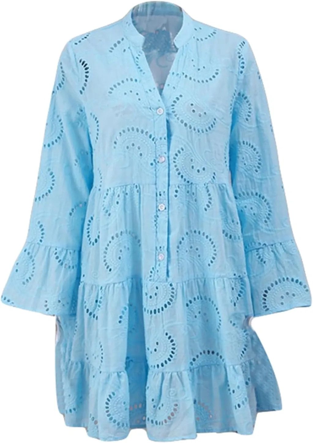 Womens Ruffles Boho Dress Floral Eyelet Embroidery Lace Babydoll Loose Swing Long Sleeve Button Short Mini Dress