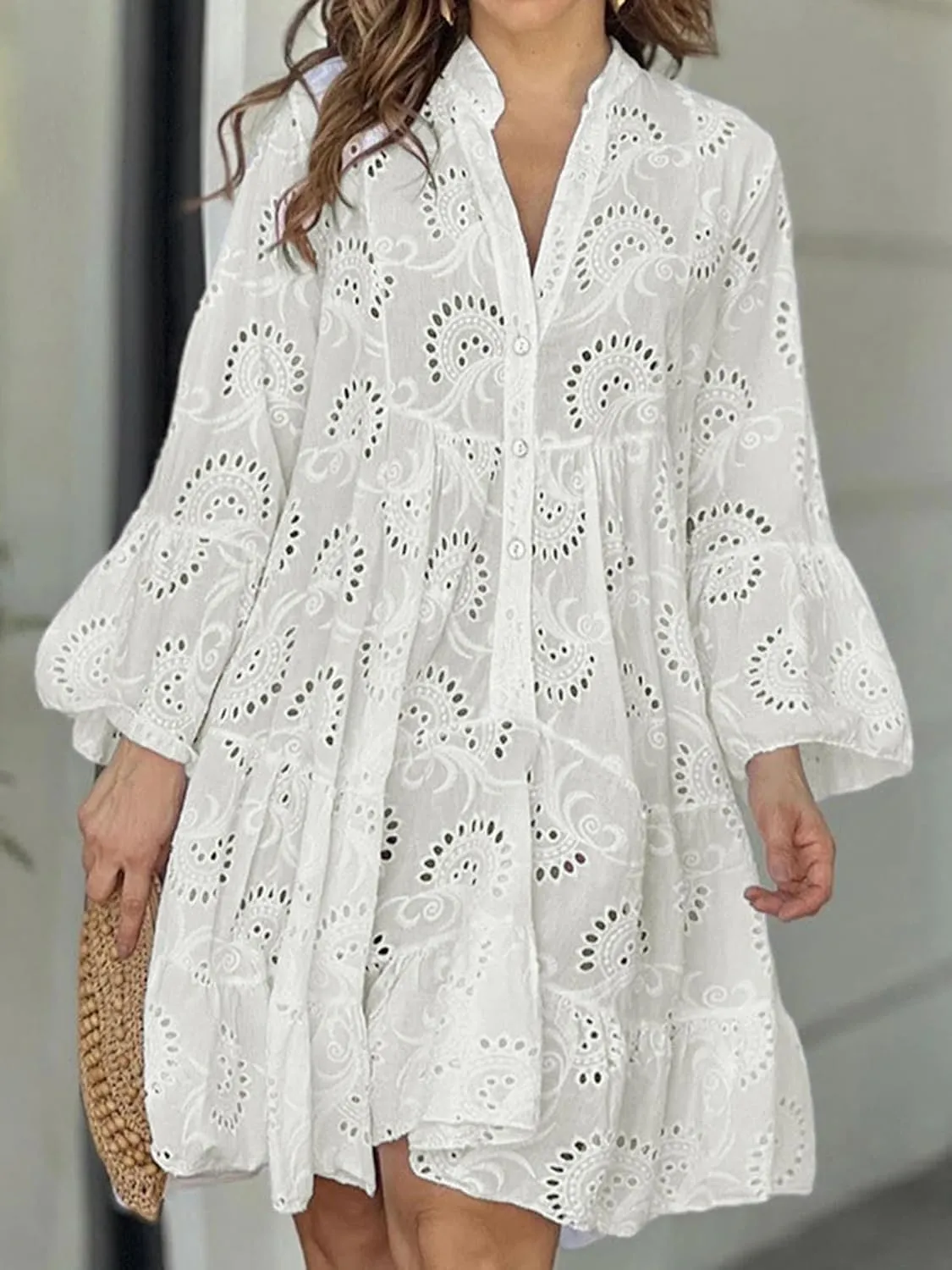 Womens Ruffles Boho Dress Floral Eyelet Embroidery Lace Babydoll Loose Swing Long Sleeve Button Short Mini Dress