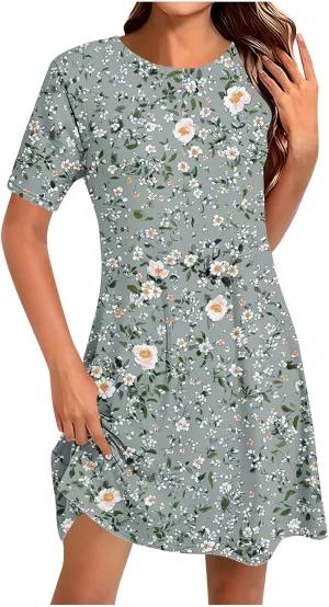 Womens Short Sleeve Boho Beach Dresses Cute Flower Graphic Print Sundress Loose Vintage Casual Clothes