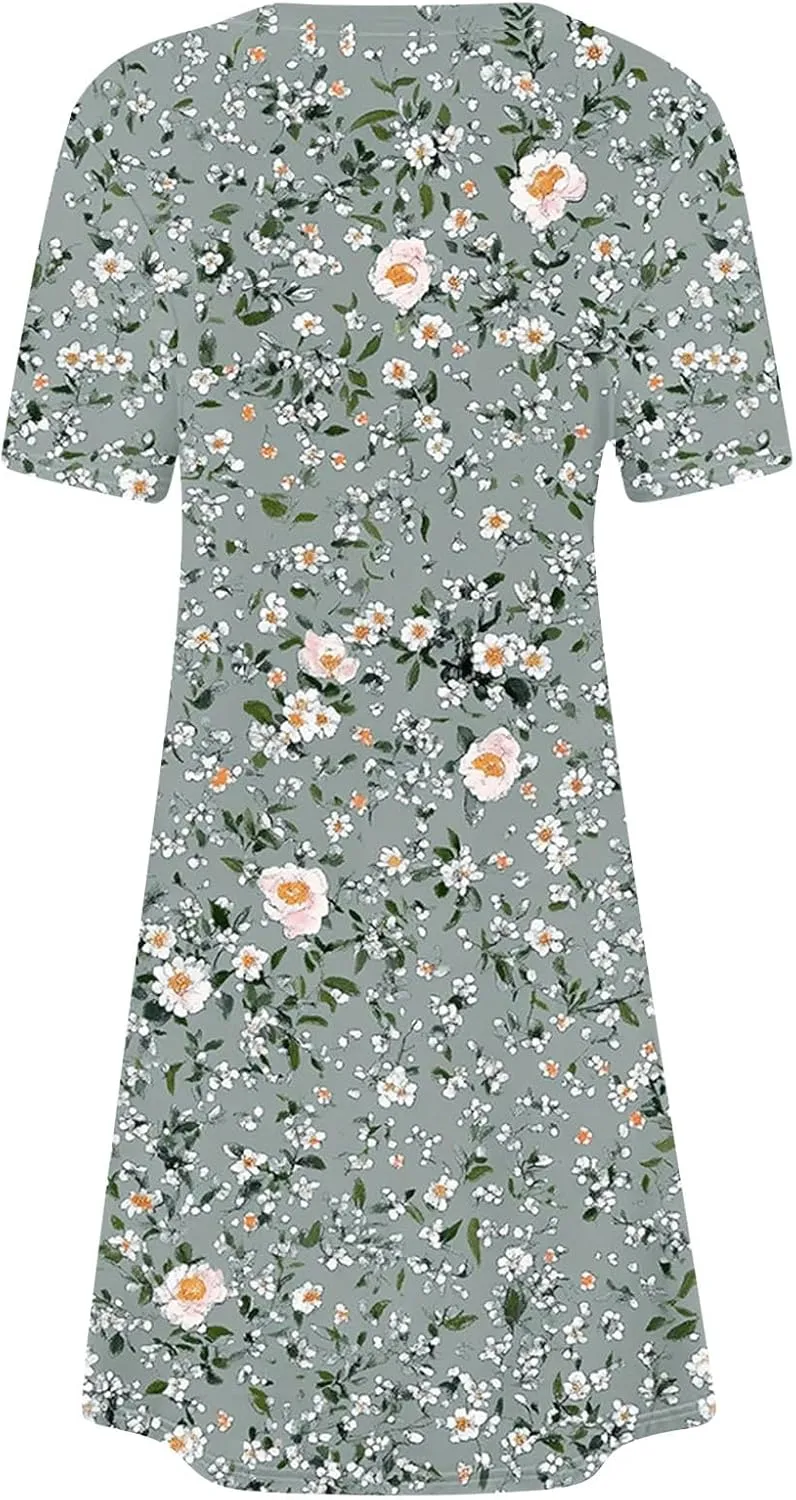 Womens Short Sleeve Boho Beach Dresses Cute Flower Graphic Print Sundress Loose Vintage Casual Clothes