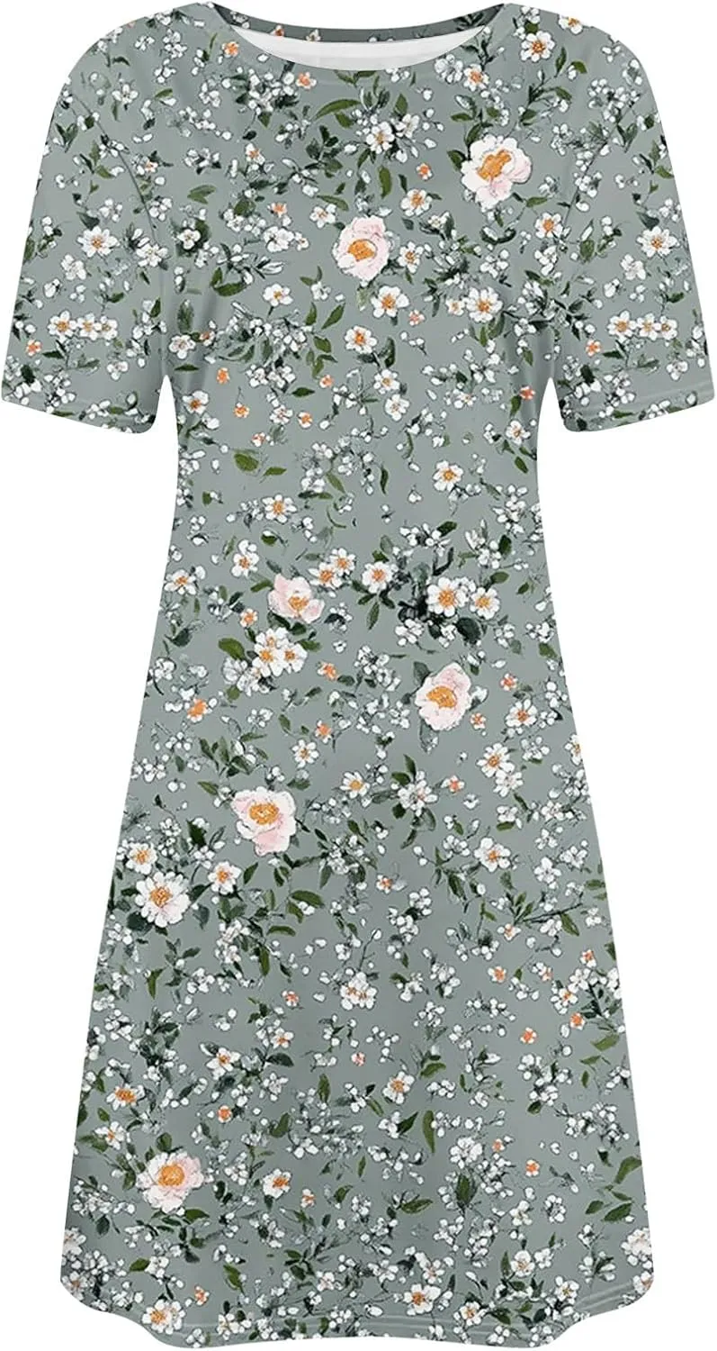Womens Short Sleeve Boho Beach Dresses Cute Flower Graphic Print Sundress Loose Vintage Casual Clothes