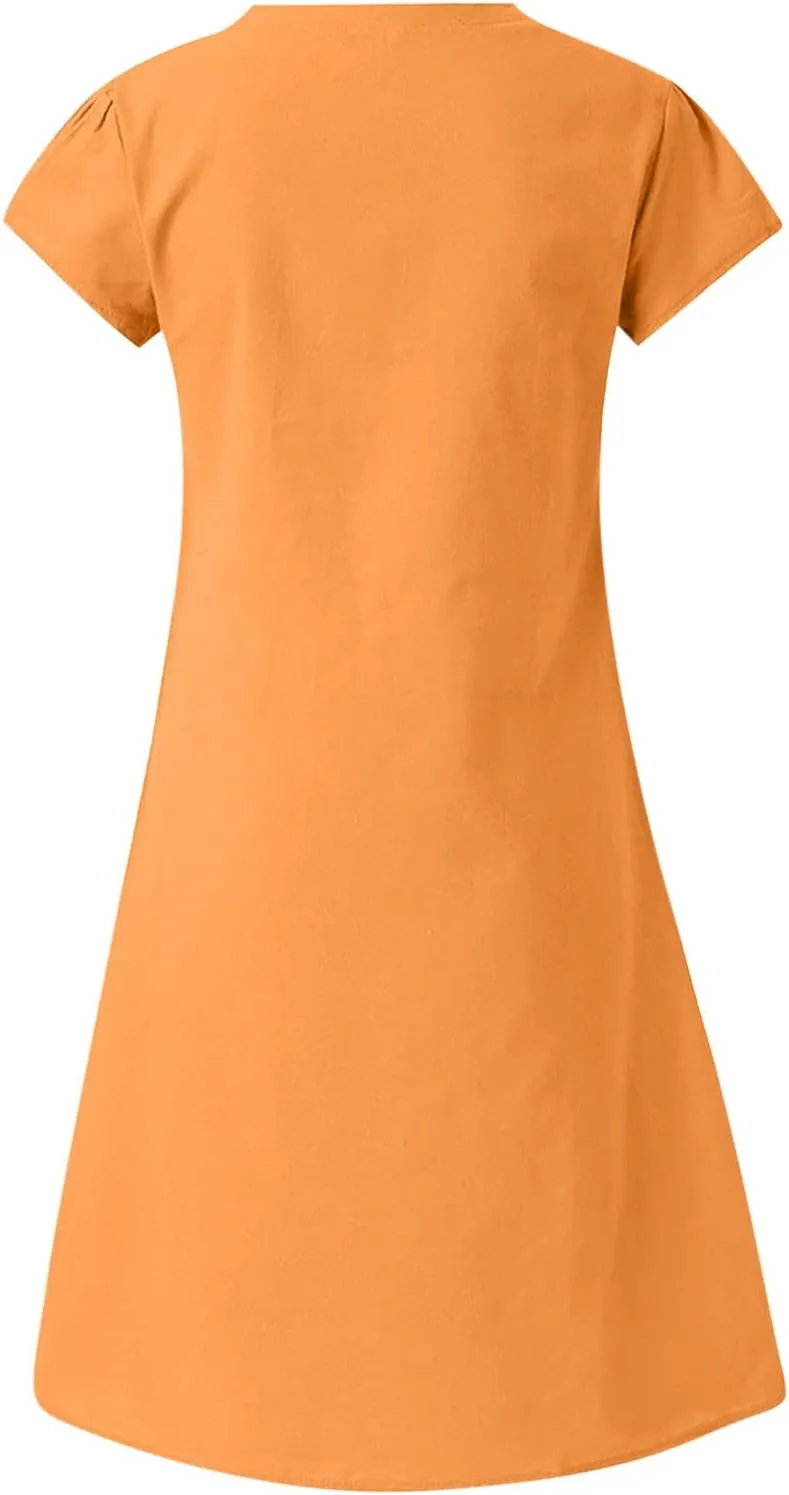 Womens Short Sleeve Cotton Linen Beach Dresses Simple Solid Color A Line Sundress V-Neck Loose Clothes