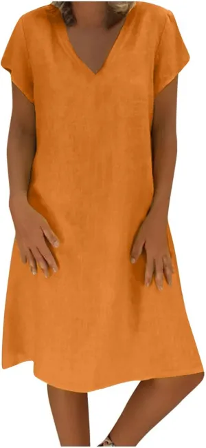 Womens Short Sleeve Cotton Linen Beach Dresses Simple Solid Color A Line Sundress V-Neck Loose Clothes