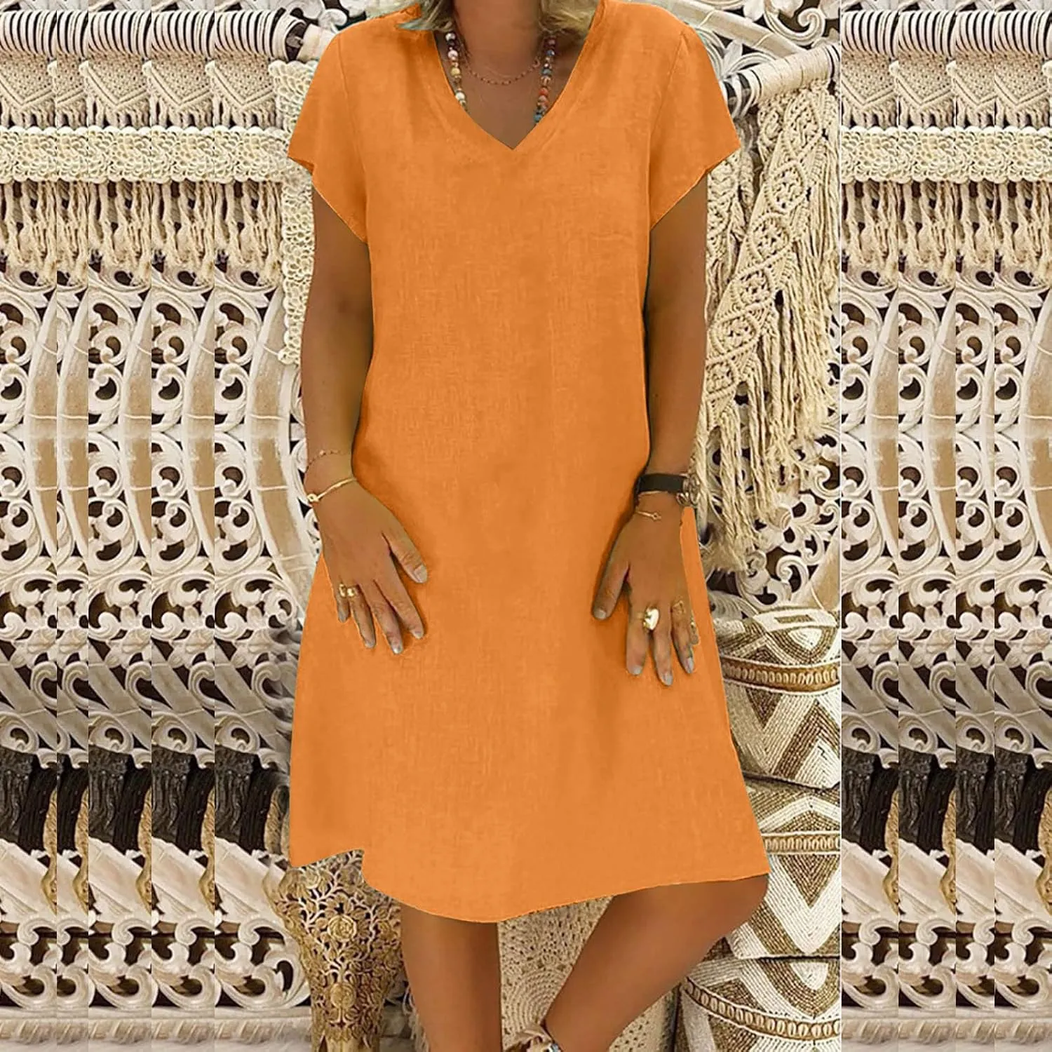Womens Short Sleeve Cotton Linen Beach Dresses Simple Solid Color A Line Sundress V-Neck Loose Clothes
