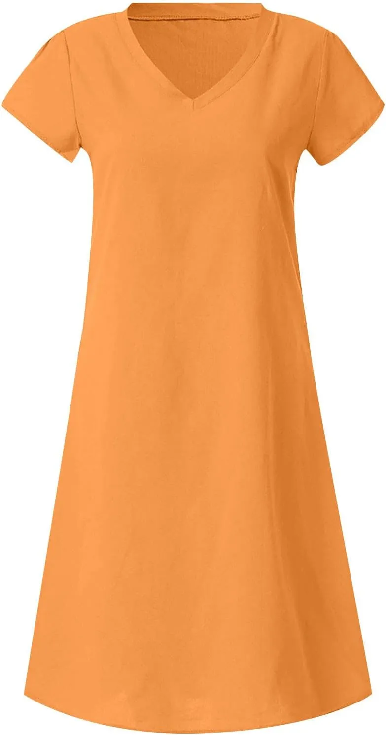 Womens Short Sleeve Cotton Linen Beach Dresses Simple Solid Color A Line Sundress V-Neck Loose Clothes