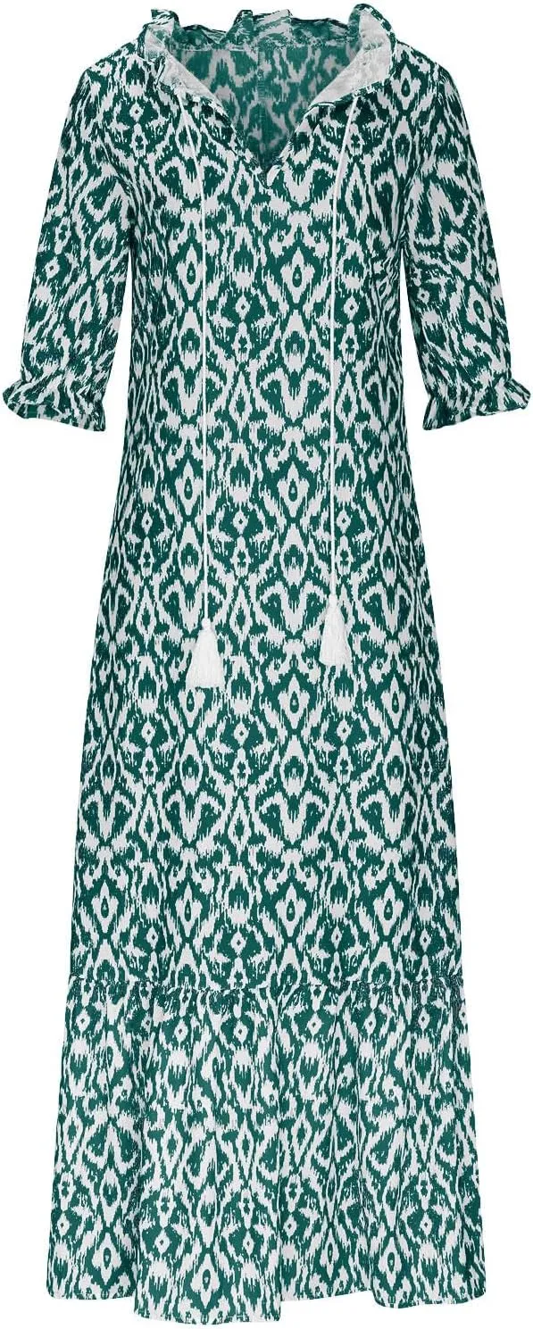 Womens Short Sleeve Trendy 2025 Maxi Dress Boho Print Dresses V-Neck A Line Elegant Beach Dresses