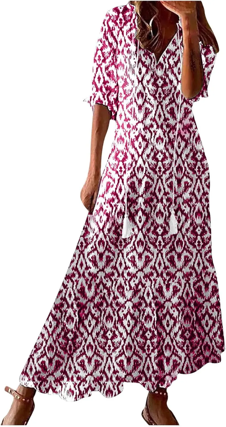 Womens Short Sleeve Trendy 2025 Maxi Dress Boho Print Dresses V-Neck A Line Elegant Beach Dresses