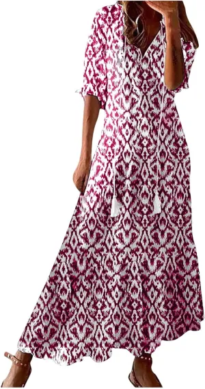 Womens Short Sleeve Trendy 2025 Maxi Dress Boho Print Dresses V-Neck A Line Elegant Beach Dresses