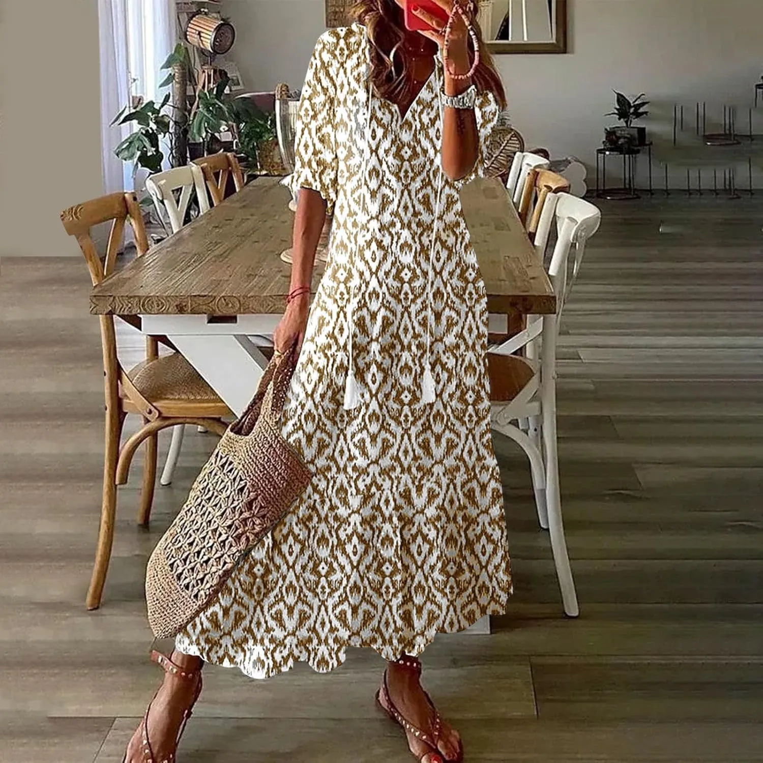 Womens Short Sleeve Trendy 2025 Maxi Dress Boho Print Dresses V-Neck A Line Elegant Beach Dresses