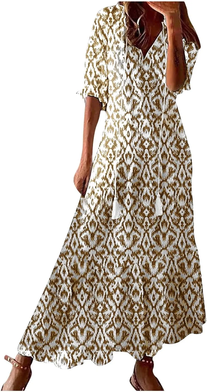 Womens Short Sleeve Trendy 2025 Maxi Dress Boho Print Dresses V-Neck A Line Elegant Beach Dresses