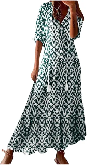 Womens Short Sleeve Trendy 2025 Maxi Dress Boho Print Dresses V-Neck A Line Elegant Beach Dresses
