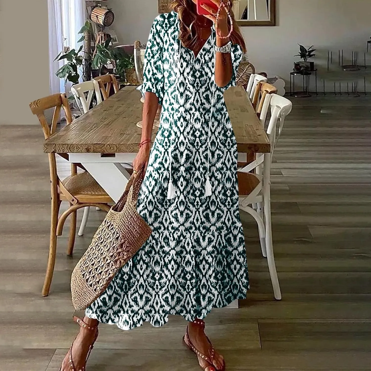 Womens Short Sleeve Trendy 2025 Maxi Dress Boho Print Dresses V-Neck A Line Elegant Beach Dresses