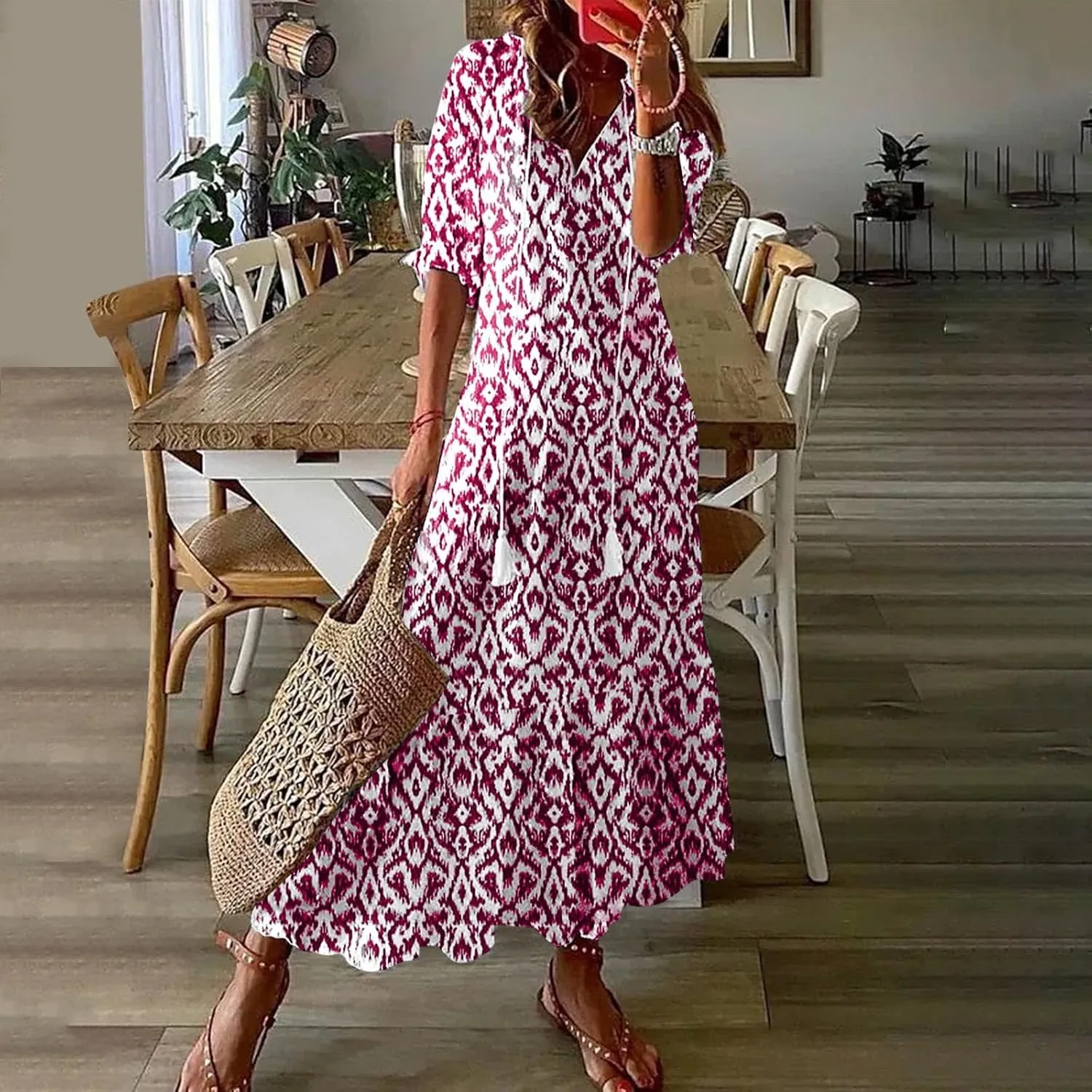 Womens Short Sleeve Trendy 2025 Maxi Dress Boho Print Dresses V-Neck A Line Elegant Beach Dresses