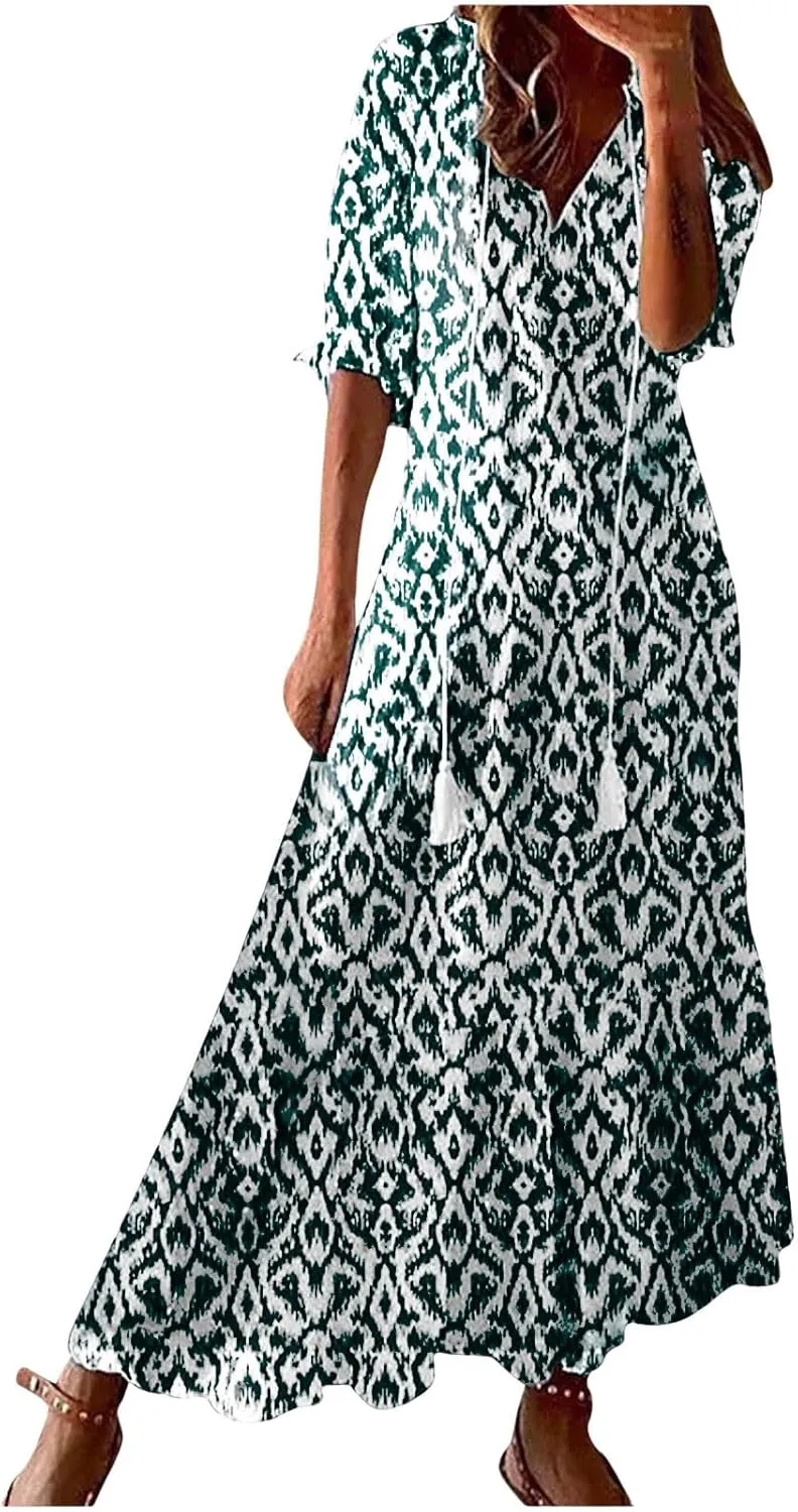 Womens Short Sleeve Trendy 2025 Maxi Dress Boho Print Dresses V-Neck A Line Elegant Beach Dresses