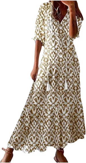 Womens Short Sleeve Trendy 2025 Maxi Dress Boho Print Dresses V-Neck A Line Elegant Beach Dresses