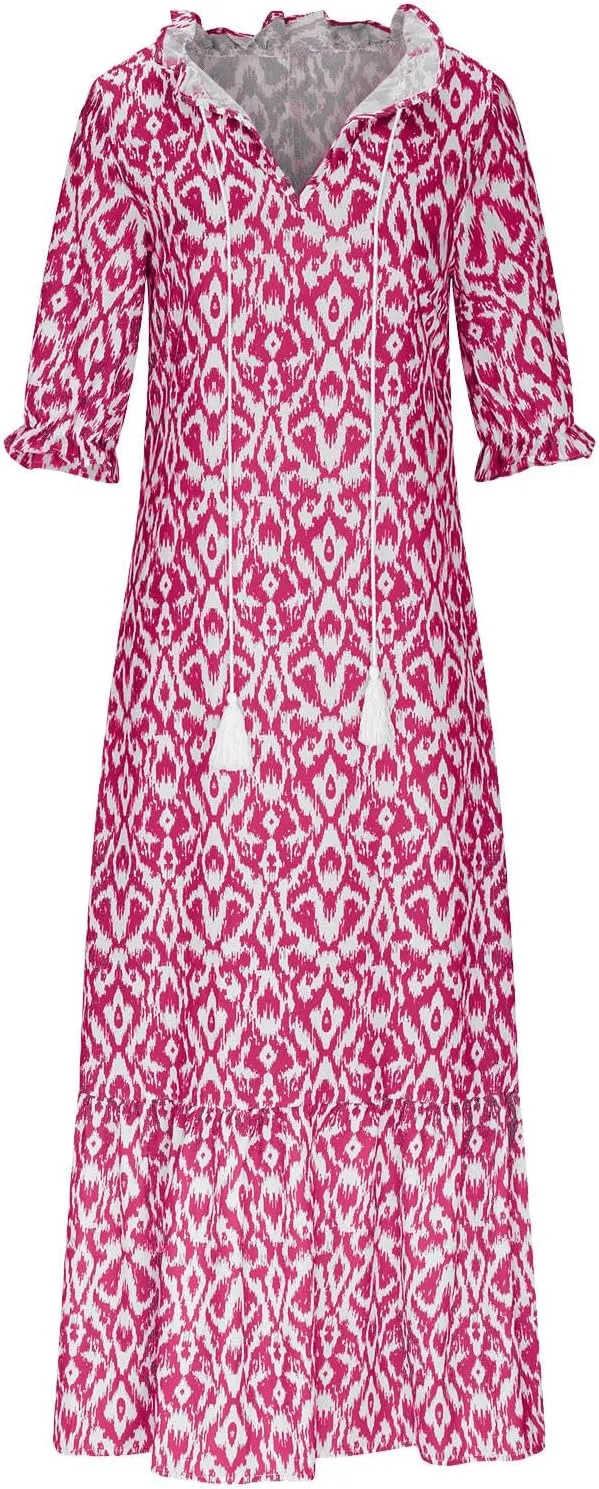 Womens Short Sleeve Trendy 2025 Maxi Dress Boho Print Dresses V-Neck A Line Elegant Beach Dresses