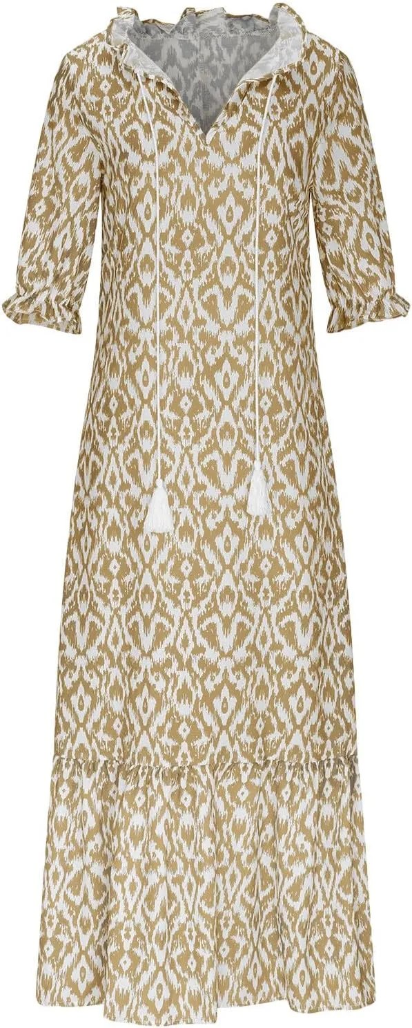 Womens Short Sleeve Trendy 2025 Maxi Dress Boho Print Dresses V-Neck A Line Elegant Beach Dresses