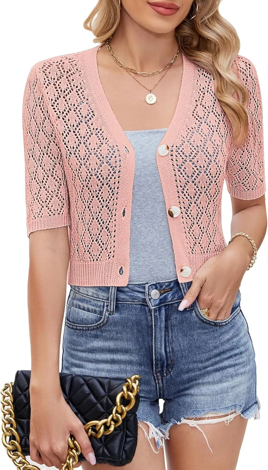 Women's Short Sleeve V Neck Cardigans Sweaters Open Front Knit Crochet Button Down Bolero Shrugs Tops Summer Shirts