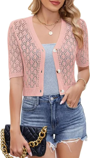 Women's Short Sleeve V Neck Cardigans Sweaters Open Front Knit Crochet Button Down Bolero Shrugs Tops Summer Shirts