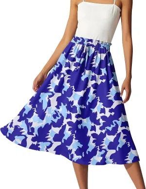 Women's Skirts Midi Flowy Summer Drawstring Elastic High Waist Knee Length Skirt A-Line Floral Pleated Skirt