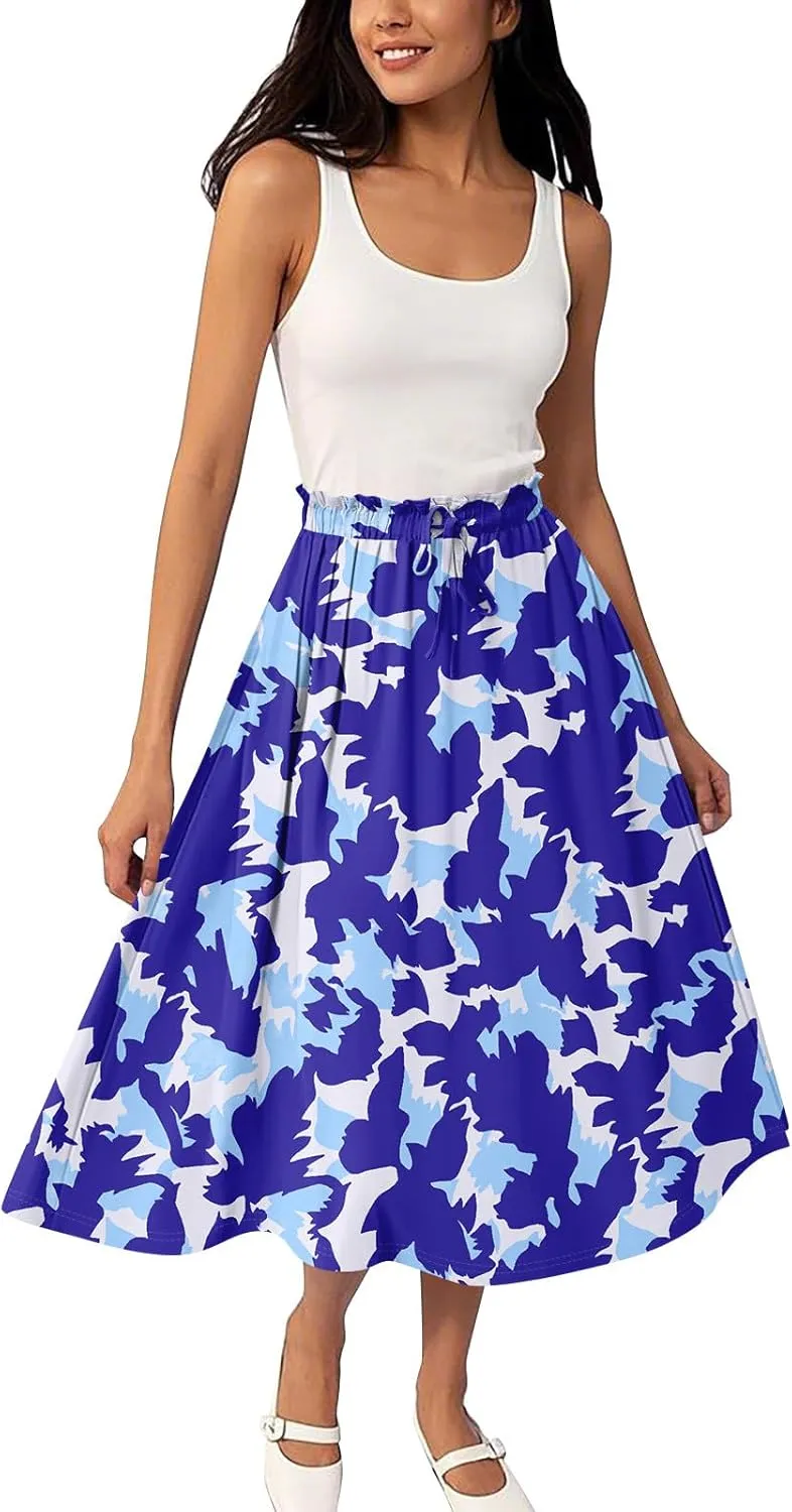 Women's Skirts Midi Flowy Summer Drawstring Elastic High Waist Knee Length Skirt A-Line Floral Pleated Skirt
