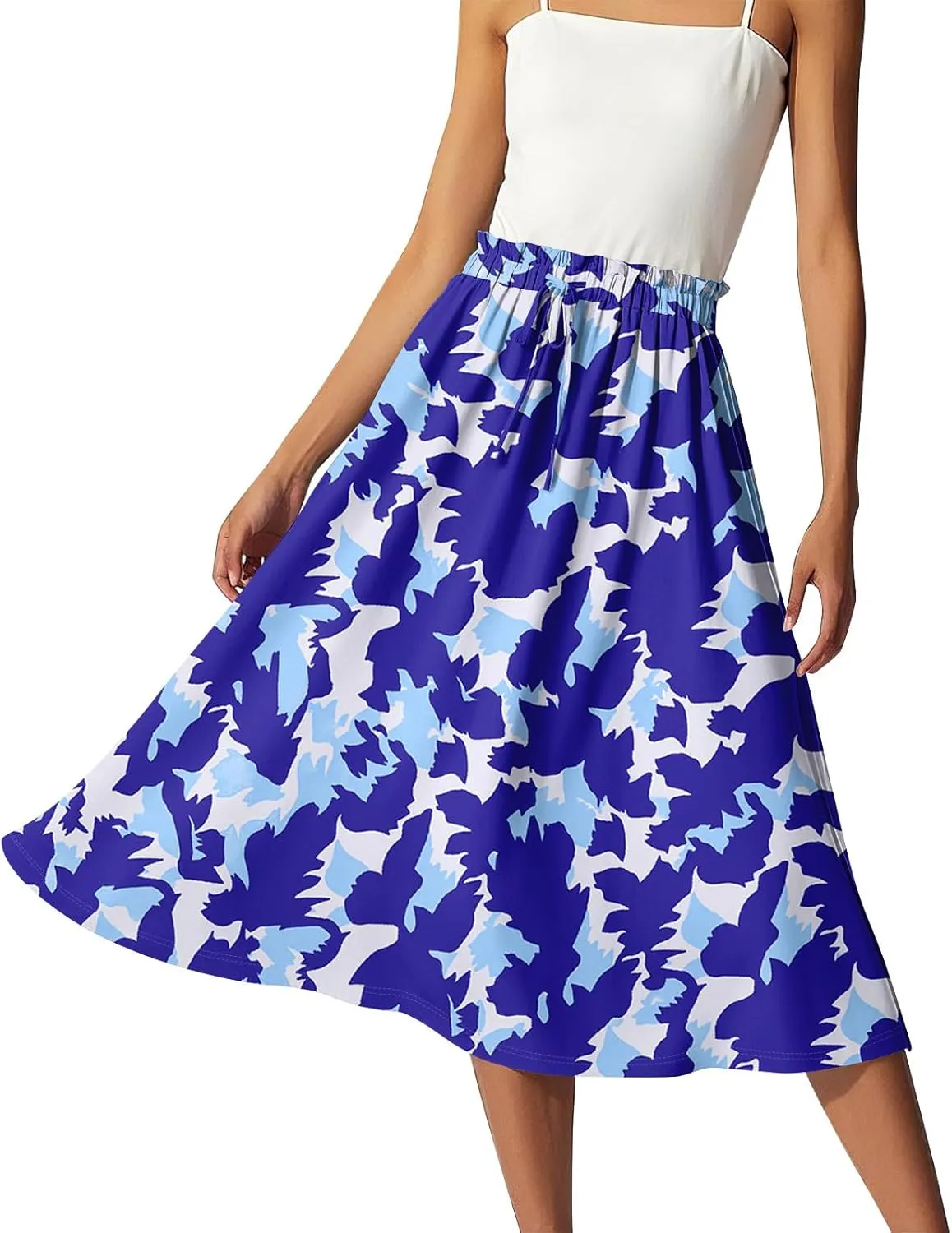 Women's Skirts Midi Flowy Summer Drawstring Elastic High Waist Knee Length Skirt A-Line Floral Pleated Skirt