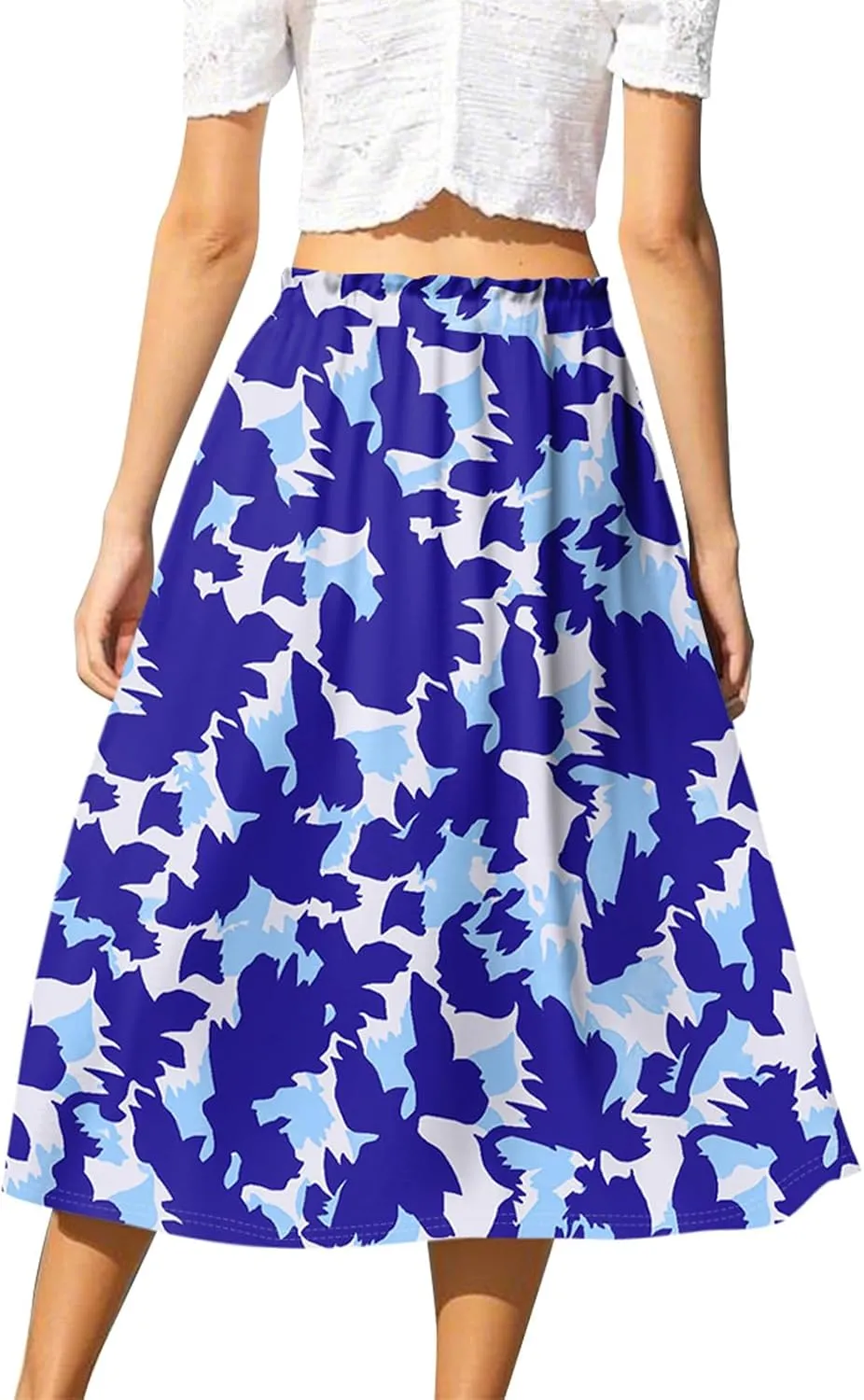 Women's Skirts Midi Flowy Summer Drawstring Elastic High Waist Knee Length Skirt A-Line Floral Pleated Skirt