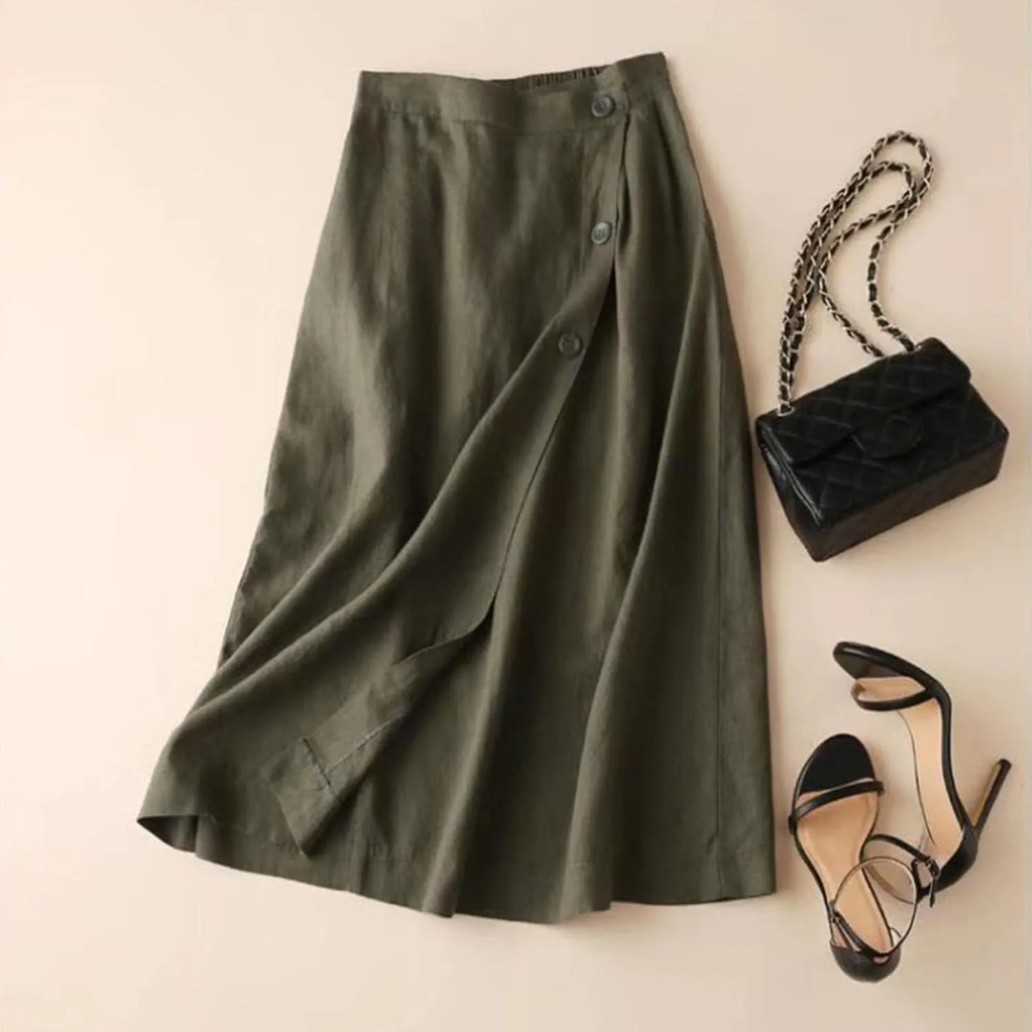 Women's Skirts Trendy Summer Casual Loose Elastic Waist Solid Sun Flowy A-Line Long Maxi Linen Skirt 2025, M-2XL