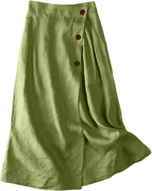 Women's Skirts Women's Summer Linen Elastic Back Buttoned Swing A Line Skirt Casual Loose Trendy Beach Solid Maxi Skirts