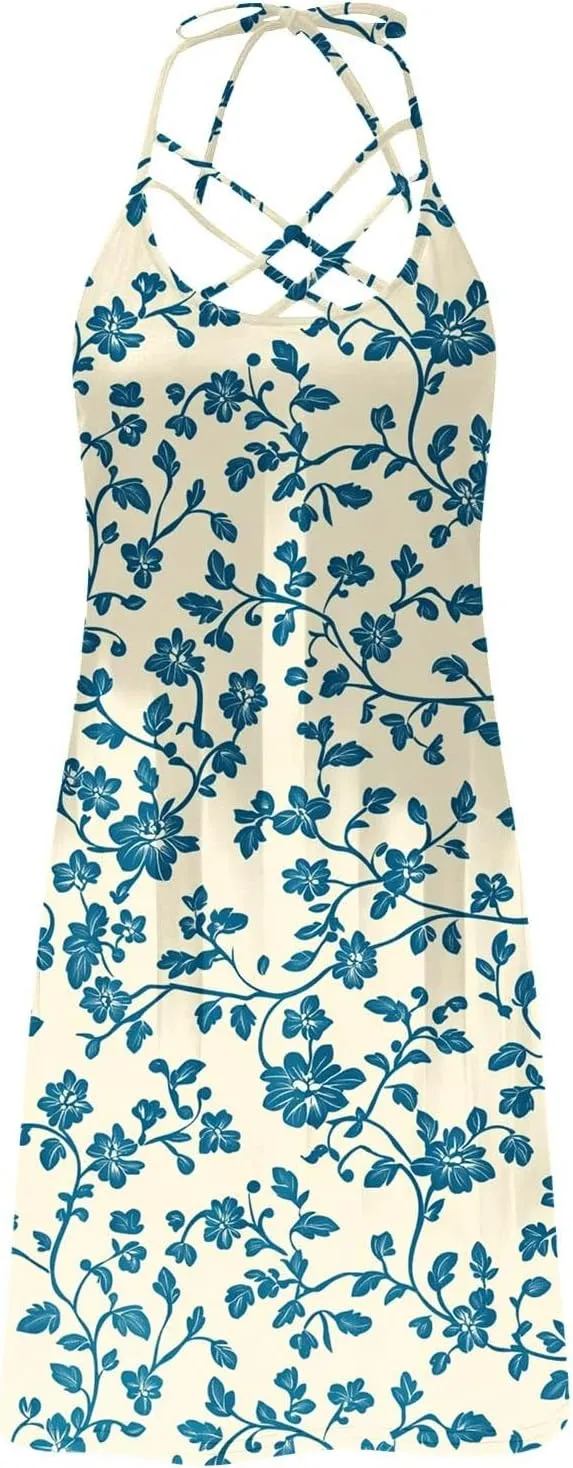 Women's Sleeveless Casual Sun Dress Cute Flower Graphic Print Beach Dresses Loose Fit A Line Vintage Clothes